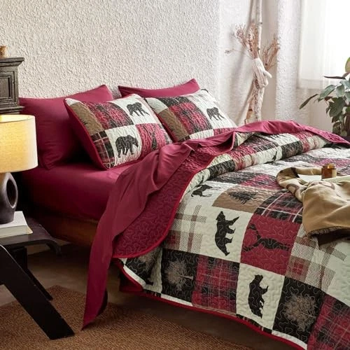 - Juego de edredón rústico, cabaña Lodge Navidad oso reina / negro borgoña completo Foto 4 de 4