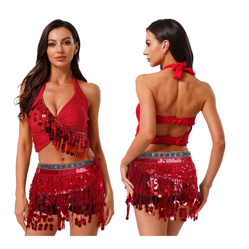 Women Belly Dance Glitter Sequin Fringe Top with Hip Scarf Tassel Halloween Set - Imagen 115 de 132