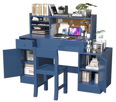 Blue Wooden Kids Desk and Chair Set,Kids Study Desk with Closable