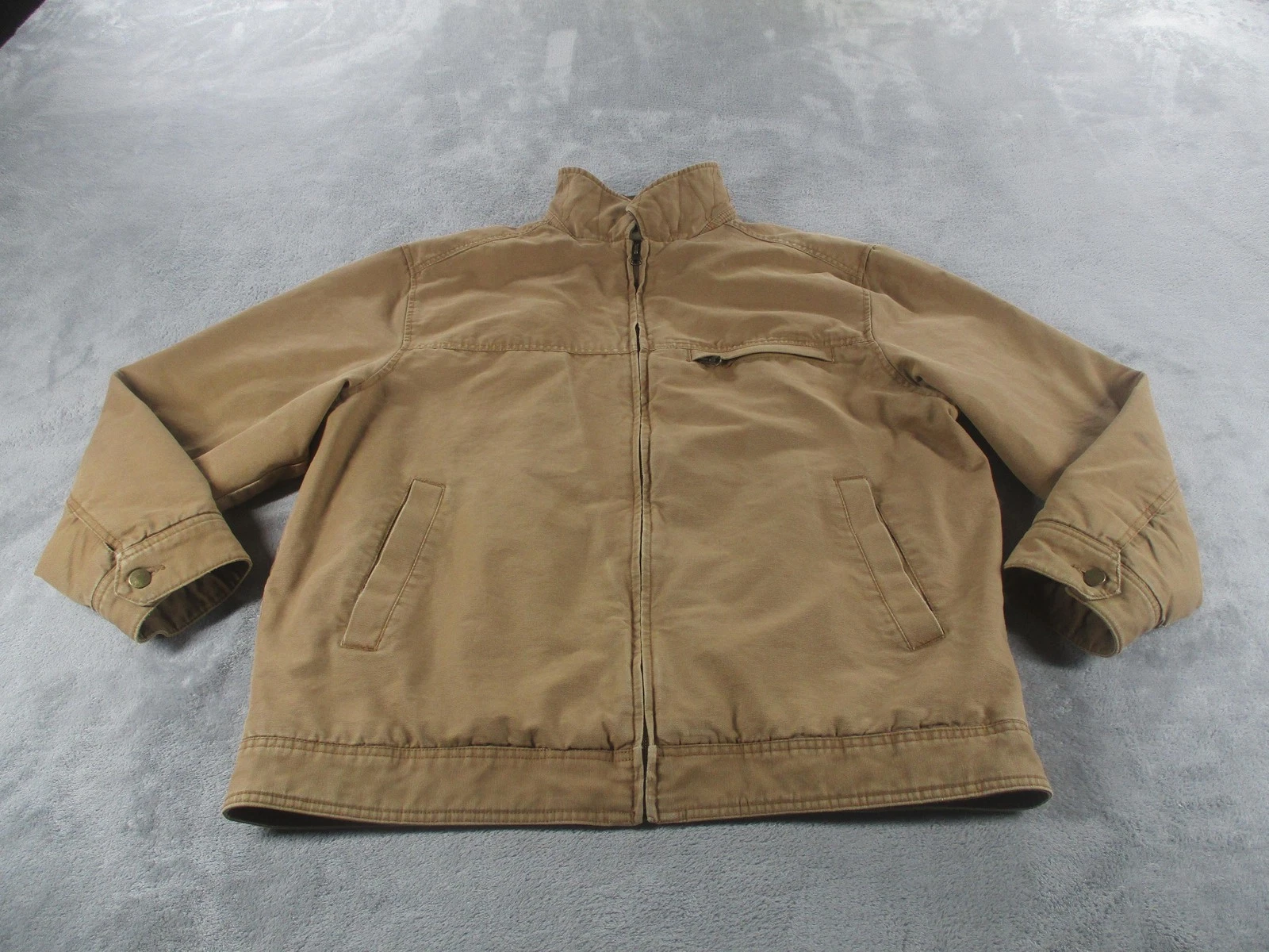 St Johns Bay Jacket Mens XL Beige Canvas Bomber Leather Collar Lined Workwear