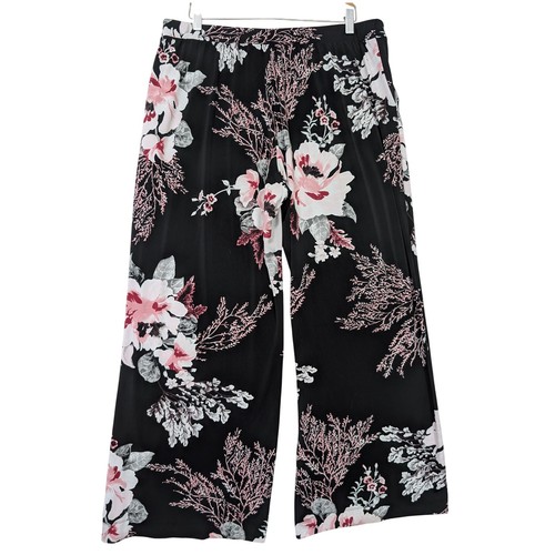 WHBM Wide Leg Pants Womens L Black Floral Pull On Business Casual Pockets - Picture 2 of 10