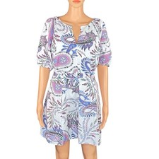Loft White Paisley Dress Linen Blend Belted Puff Sleeve Knee Length V Neck SZ 8P