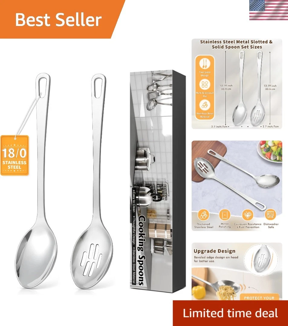 2 Pcs Stainless Steel Cooking Spoons Set, Solid & Slotted Metal Serving Spoon...