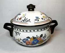 M. Kamenstein Enamel Floral Pot with Lid and Brass Handles 1981 Vintage