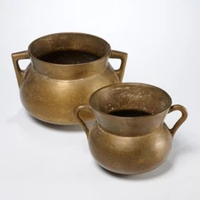 Antique Spanish Catalonia Solid Brass Cauldron Cooking Pot 2 PC Lot