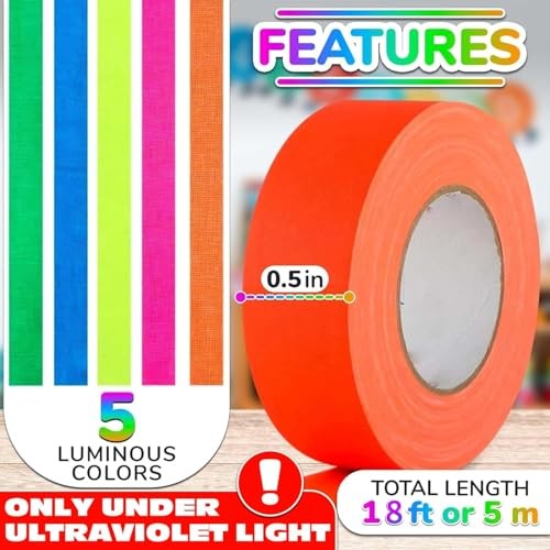 5er Pack Schwarzlichtband - UV-reaktiv neongrün, orange, blau, pink, gelb - Bild 3 von 6
