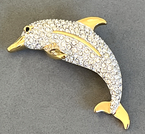 SWAROVSKI Leaping Dolphin Pave Crystal Rhinestone Gold Tone Swan Signed Pin - Picture 3 of 6