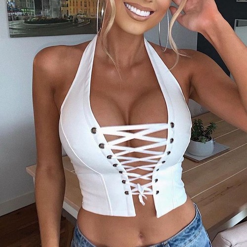 Womens Sexy Open Lace-up Cami Bustier PU Leather Crop Tops Halter Neck Tank Vest - Picture 7 of 17