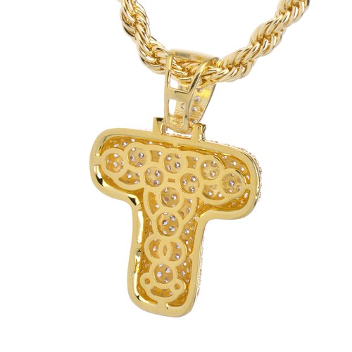 T Initial Custom Bubble Letter Gold Plated Iced CZ Pendant 24" Chain Necklace  - Picture 3 of 4