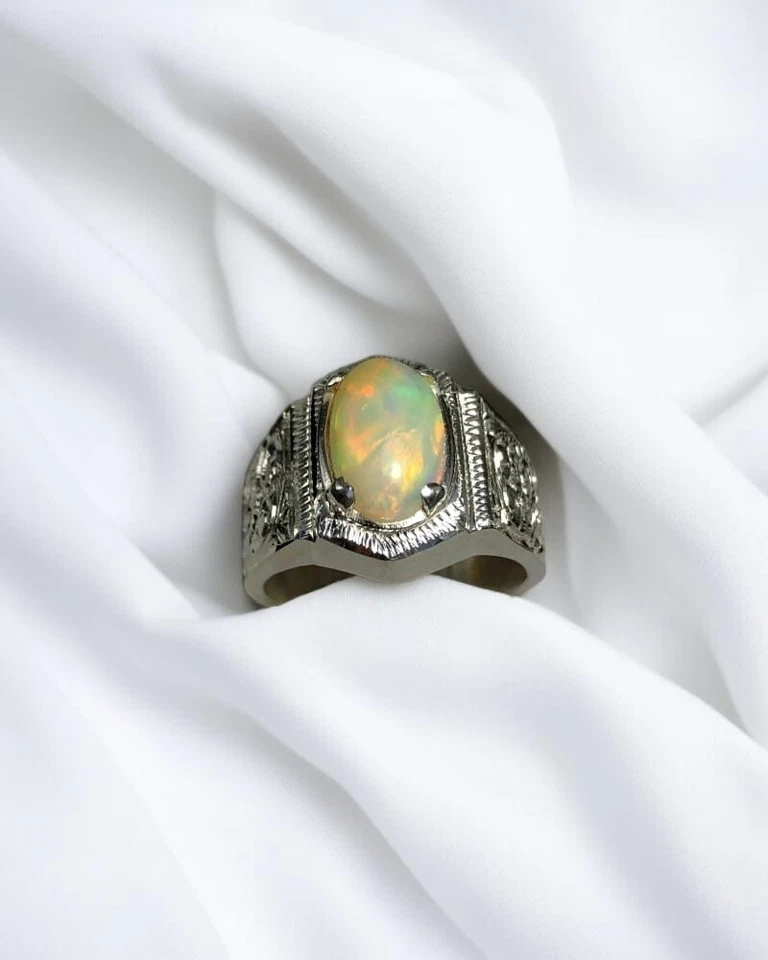 Кольцо в стиле ар-деко с огненным опалом мужское женское серебро 925 настоящий натуральный опал унисекс лента - Изображение 3 из 4