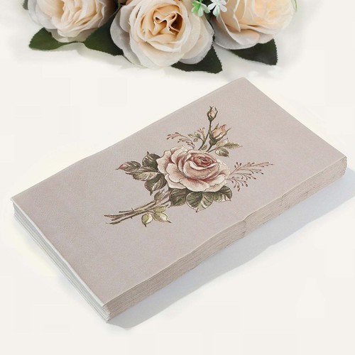 20 PINK IVORY Paper Disposable Dinner Napkins with Rose Print Party Decorations - Picture 3 of 8
