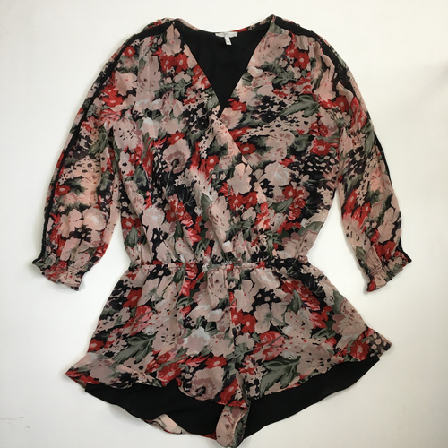 JOIE Womens sz XXS MultiColor Floral Print 100% Silk Long Sleeve Shorts Romper