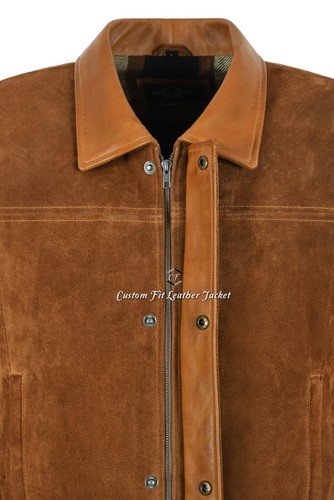 Men's Leather Car Coat Tan Suede Classic Tailored Soft 100% Leather Jacket 6360 - Picture 6 of 7
