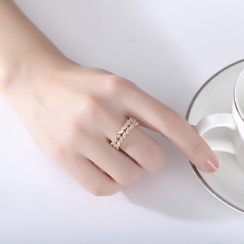 Damen Ring Kupfer Set Zirkon Voll Diamant Pferdeauge Blatt vergoldet Schmuck - Bild 4 von 8