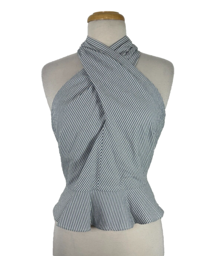 $378 Veronica Beard Drey Seersucker Halter Top In Blue White Size 10 NWT