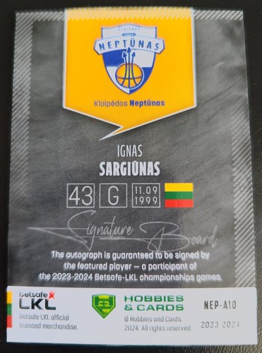 2023-24 H&C LKL Autograph Neptunas Klaipeda #NEP-A10 Ignas Sargiunas 16/20 - Picture 2 of 2