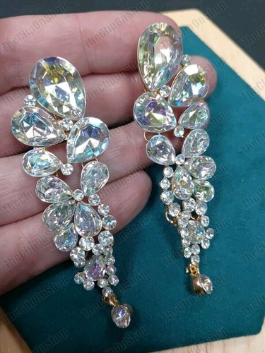 CLIP ON Aurora Borealis Rhinestone AB Multi Crystal Gem Drop EARRINGS Gold Tone - Picture 6 of 16