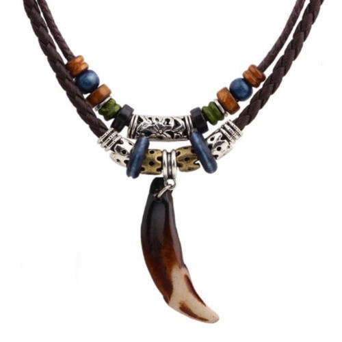 Vintage Men's Wolf Tooth Pendant Necklace – Leather Beaded Woven Prayer Jewelry - Picture 6 of 24