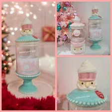 Nutcracker Cupcake Pink Blue Pastel Glass Pedestal Candy Jar Christmas NEW