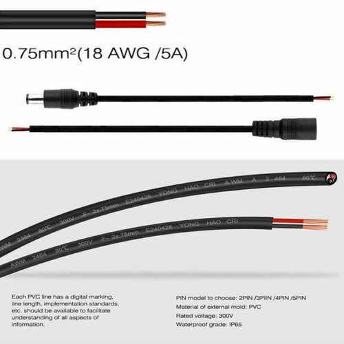18 AWG Black 5.5X2.1mm Female  Male DC Connector Cable 30CM/50CM Wire Black - Picture 2 of 7