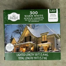 Holiday Time Christmas Lights 300 Warm White Icicle Lights LED White Wire 19'