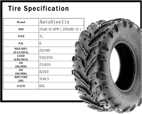 2 Set ATV Tires 25x8-12 ATV UTV Off-Road Trail Sand Mud 6PR Tires All Terrain US - Picture 6 of 13