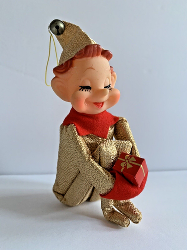 Vintage Pixie Elf Knee Hugger Ornament In Gold Shimmer w/Bell & Holding Gift Box