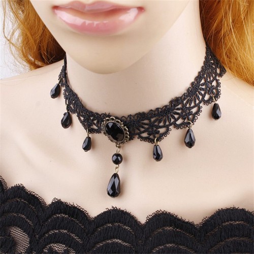 Multi-Layer Crystal Clavicle Chain 2PC Retro Lace Necklace Court Gothic - Picture 2 of 5