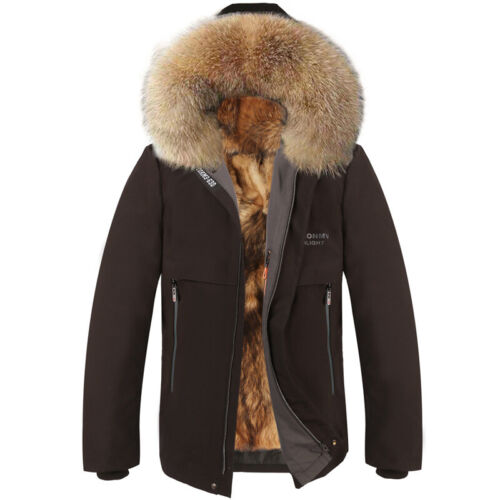 Mens Detachable Lined Hooded Real Fox Fur Raccoon Fur Collar Coat Parka Overcoat - Picture 7 of 25