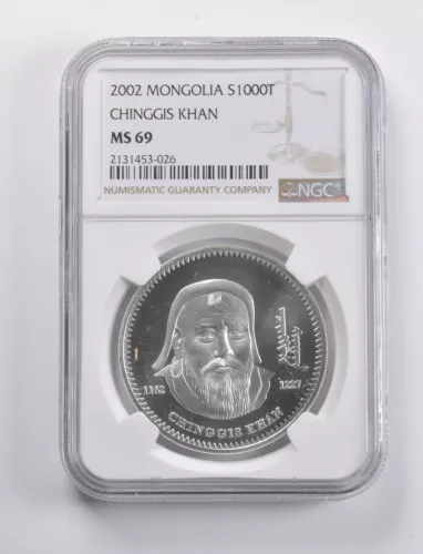 MS69 2002 Mongolia 1000 Tugrik Silver Chinggis Khan NGC *4815