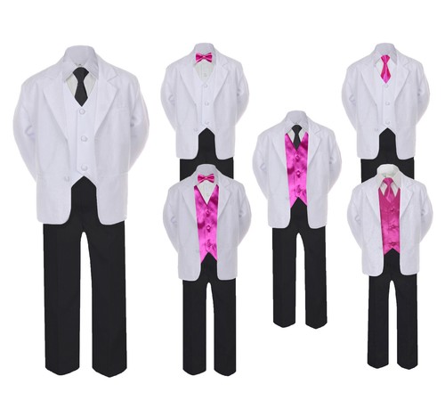Formal Black White Suit Set Fuchsia Bow Tie Neck Tie Vest Boy Baby Toddler Teen - Picture 1 of 9
