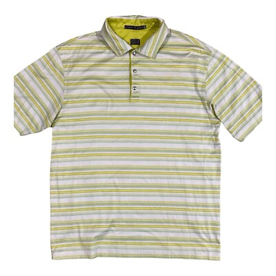 Tiger Woods Collection Polo Mens Medium  Yellow Green White  Snap Up Golf Shirt