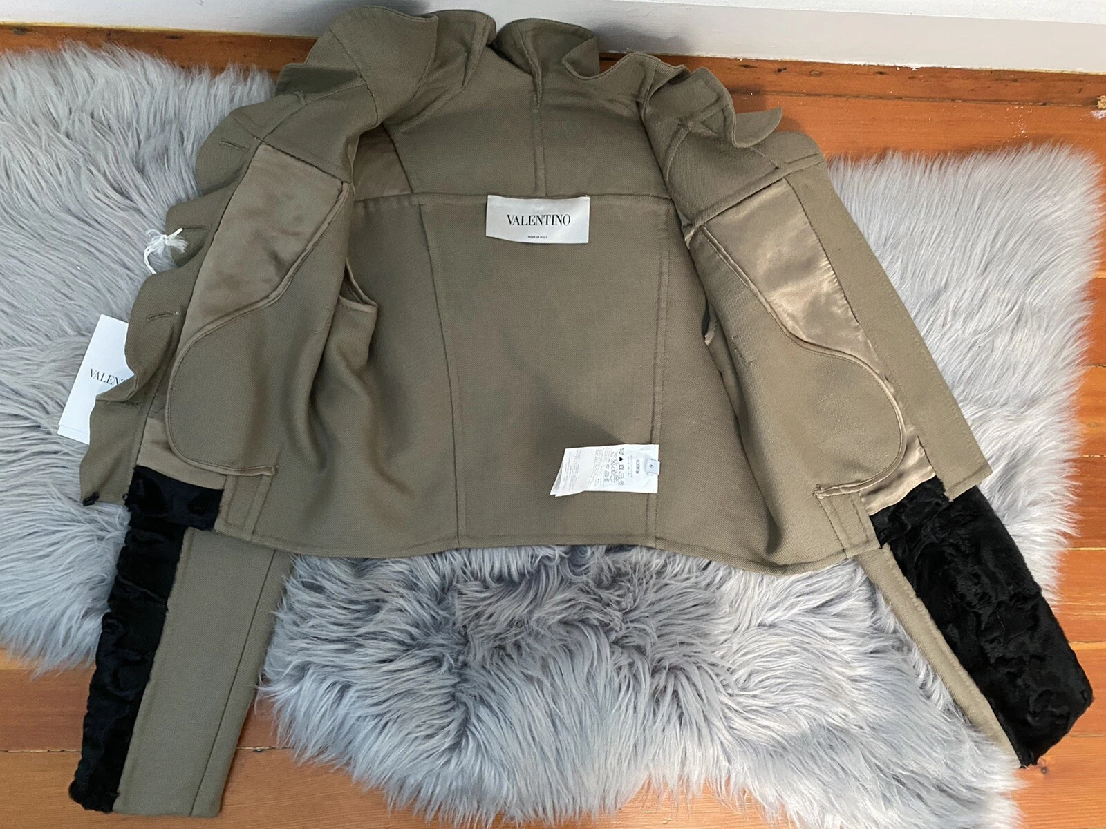 Valentino RUNWAY giacca oliva nero pelliccia bolero volant tg 6 $5590 nuova con etichetta