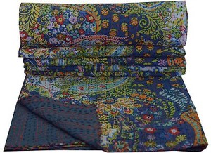 Indian-Blue-Paisley-Reversible-Kantha-Quilt-Handmade-Bedspread-Twin-Throw-Gudari