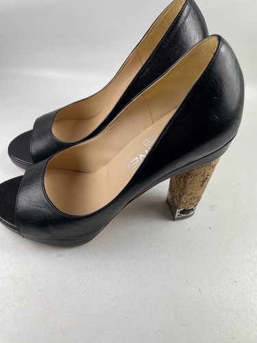 Chanel sz 36.5 black leather CC logo peep toe cork block heel chain detail pumps - Picture 8 of 16