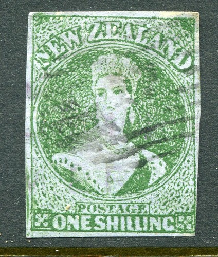 NEW ZEALAND.... 1857 1/- green on blue paper used, Sg6....cv $10,000aud