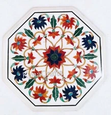 Octagon Marble Coffee Table Top Multicolor Gemstone Inlay Work Corner Table Top