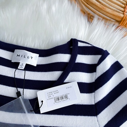 Milly Striped Bodice Fit and Flare Dress Navy Blue White Half-Sleeve Small NEW - Picture 7 of 12