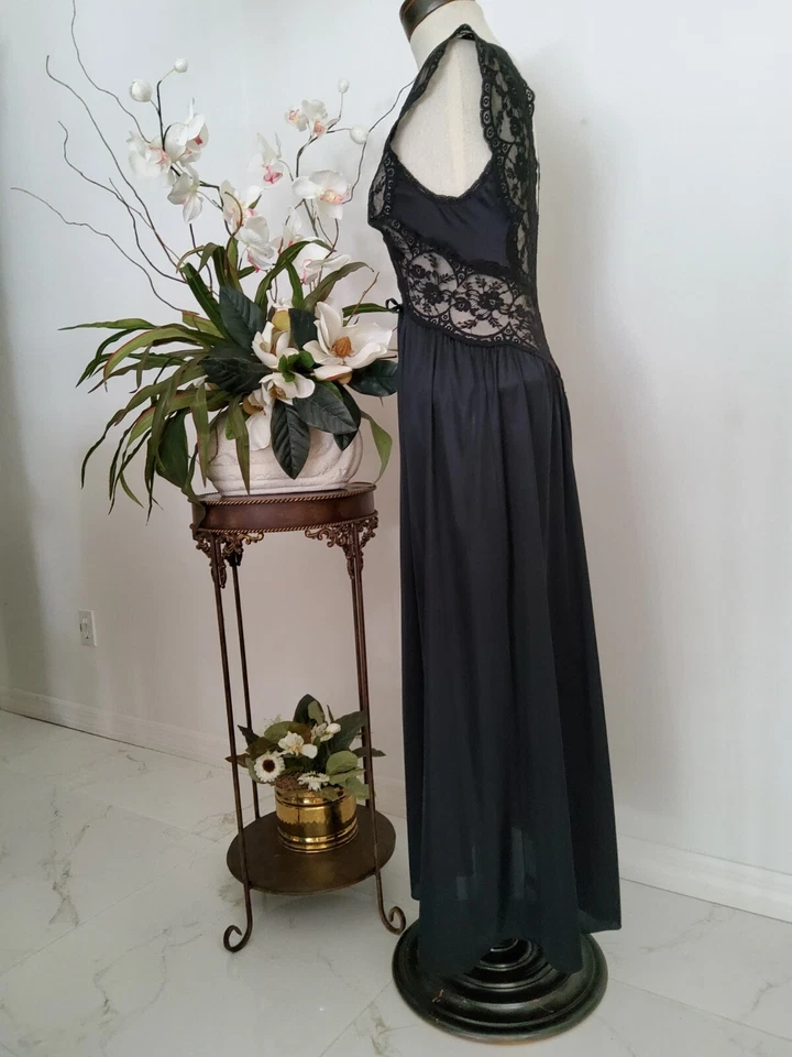 NUEVO CAMISÓN VINTAGE OLGA NEGRO 100% NYLON HERMOSO ENCAJE TOP GRANDE Foto 2 de 4