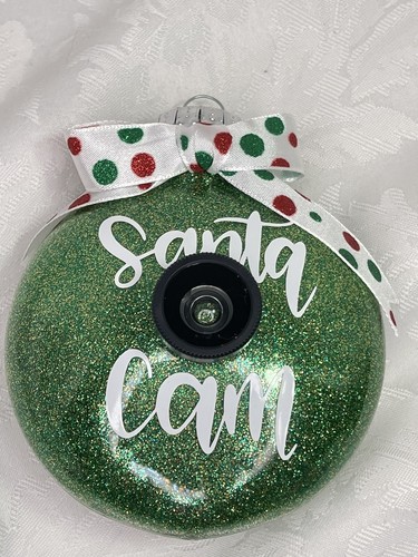 Santa Cam Christmas Ornament Lens Green Glitter Handmade Shatterproof Ribbon