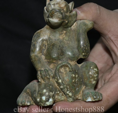 4.4" Old Chinese Bronze Ware Dynasty Palace Unicorn Bear Xiong Beast Statue - Picture 3 of 7