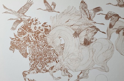 GUILLAUME AZOULAY VINTAGE ETCHING ON PAPER HORSES AND BIRDS HAND SIGNED 1/1 - Picture 3 of 5