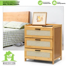 17" Natrual Bamboo Nightstand Bedside Table Bedroom Storage Cabinet w/3 Drawers