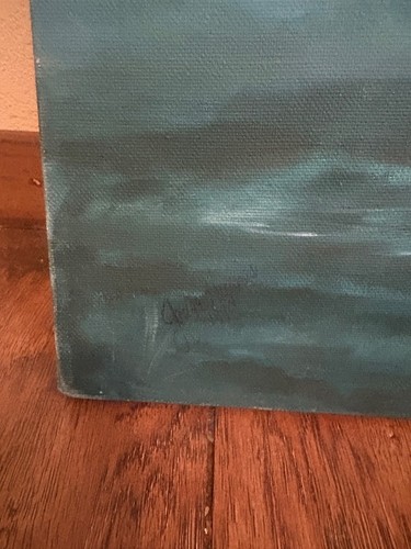 Pintura al óleo sobre lienzo vintage de estanque de patos firmada por artista paisaje azul LEER - Imagen 2 de 5