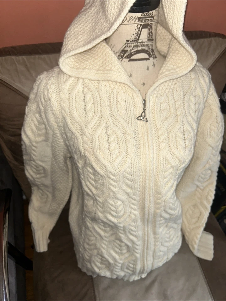 Cárdigan con capucha y cremallera SAOL Aran para hombre - 100 % lana merino, crema, talla XL, Foto 2 de 4