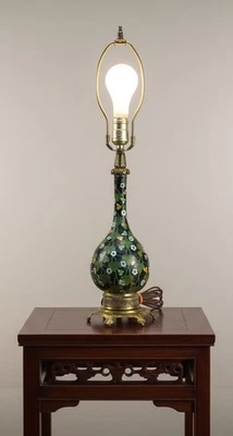Vtg Chinese Cloisonne Vase Lamp Black Floral Green Vine Metal Base (READ) - Image 1 of 4