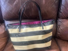 Kate Spade Penn Valley Sophie Black Cream Striped Tote with Raspberry Interior