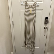 MICHAEL KORS Olive/Khaki White Striped High Low Asym Hem Maxi Dress Womens Small