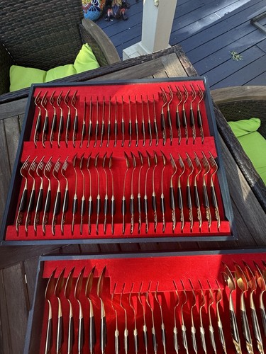 SIAM THAI Flatware Serving Set (147) Pieces Brass VINTAGE Buddha 1960s Black - Picture 22 of 24