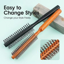 Round Hair Brush Wooden Handle Nylon Bristles Curly Blow Dry Comb